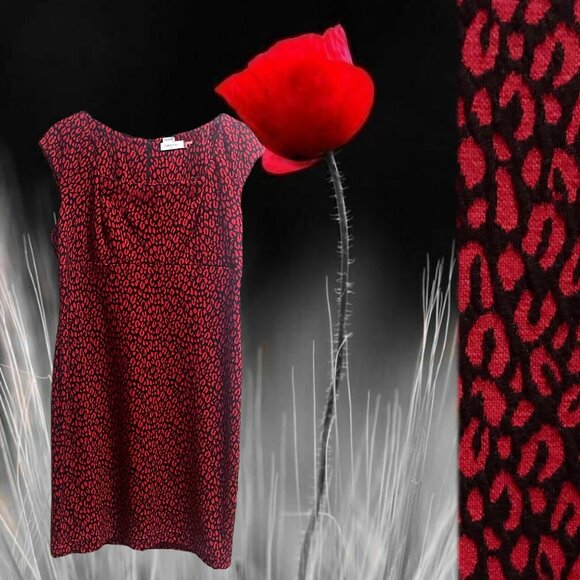 🌹🐾❤️Gorgeous Calvin Klein Red Black Textured Leopard Print Sleeveless Dress - Picture 1 of 17